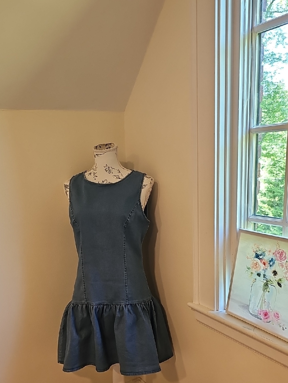 Sleeveless Denim-Look Mini Dress in Blue